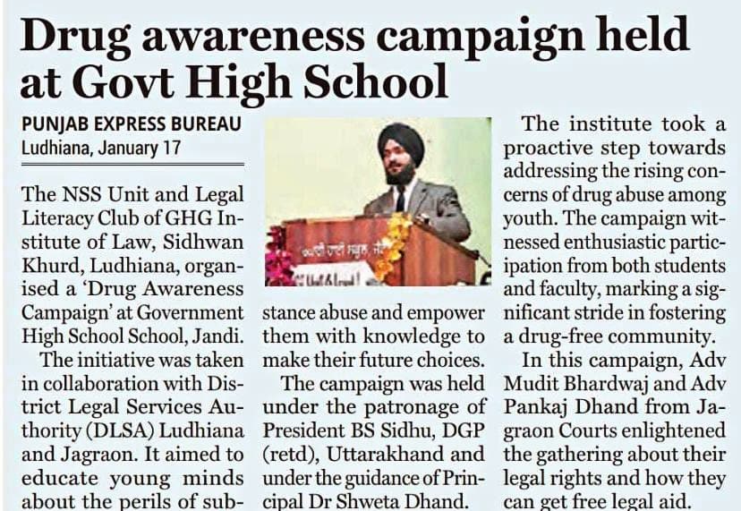 The NSS Unit and Legal Literacy Club of GHG Institute of Law, Sidhwan Khurd, Ludhiana organized a Drug Awareness Campaign at Govt. High School School, Jandi on 16-01-2024.