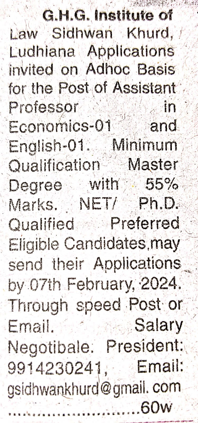 Applications are invited for the post of Assistant Professors (Adhoc Basis)