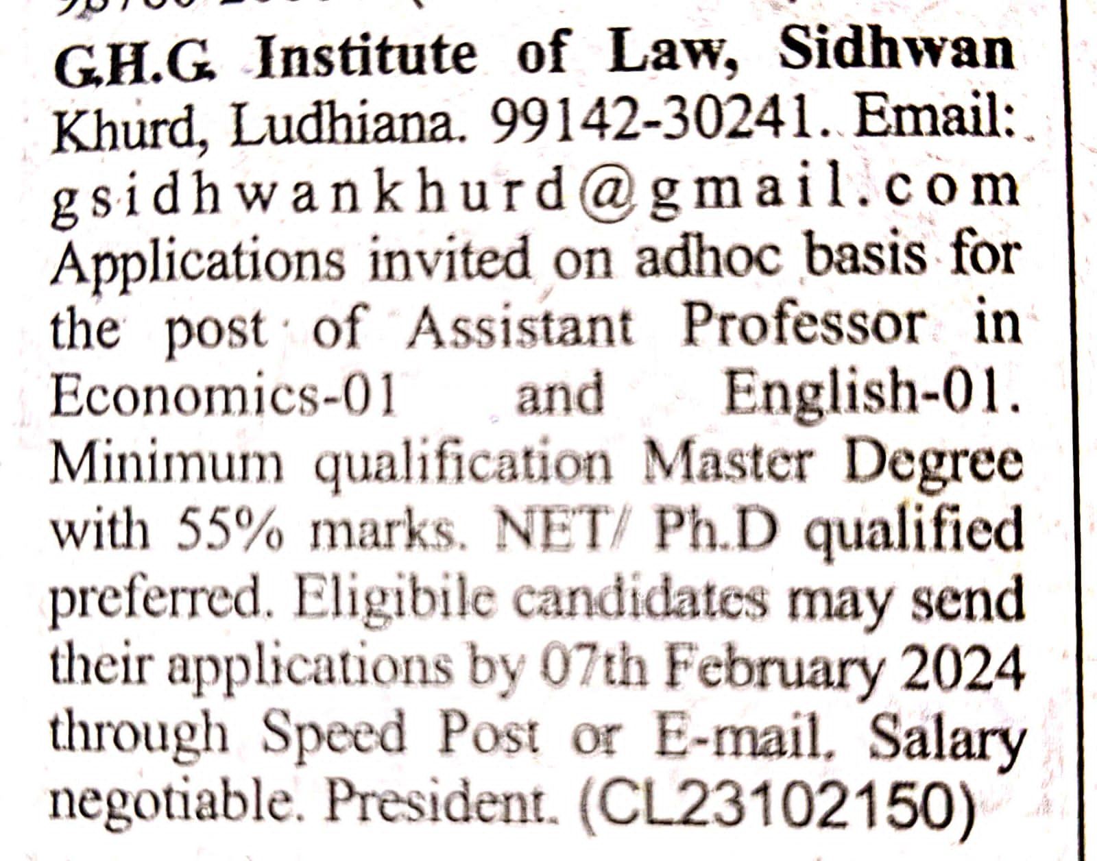 Applications are invited for the post ofAssistant Professors (Adhoc Basis)