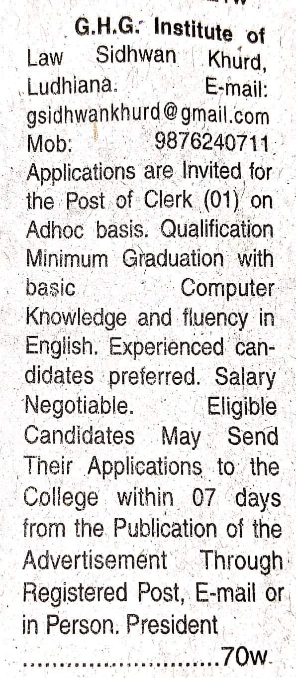 Vacancy for the Post of CLERK 